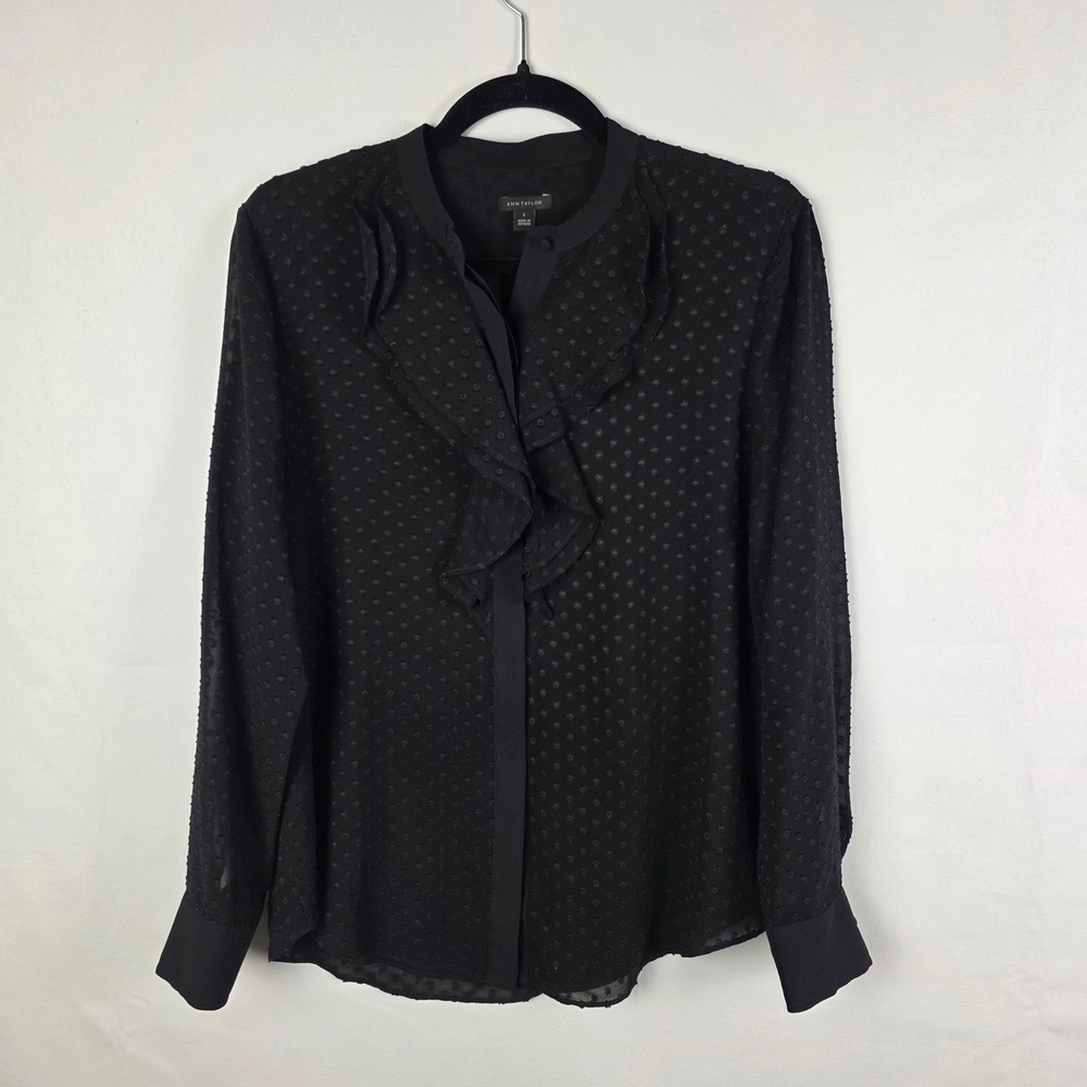 Ann Taylor Black Clip Dot Ruffle V-Neck Long Sleeve Blouse Small 485570